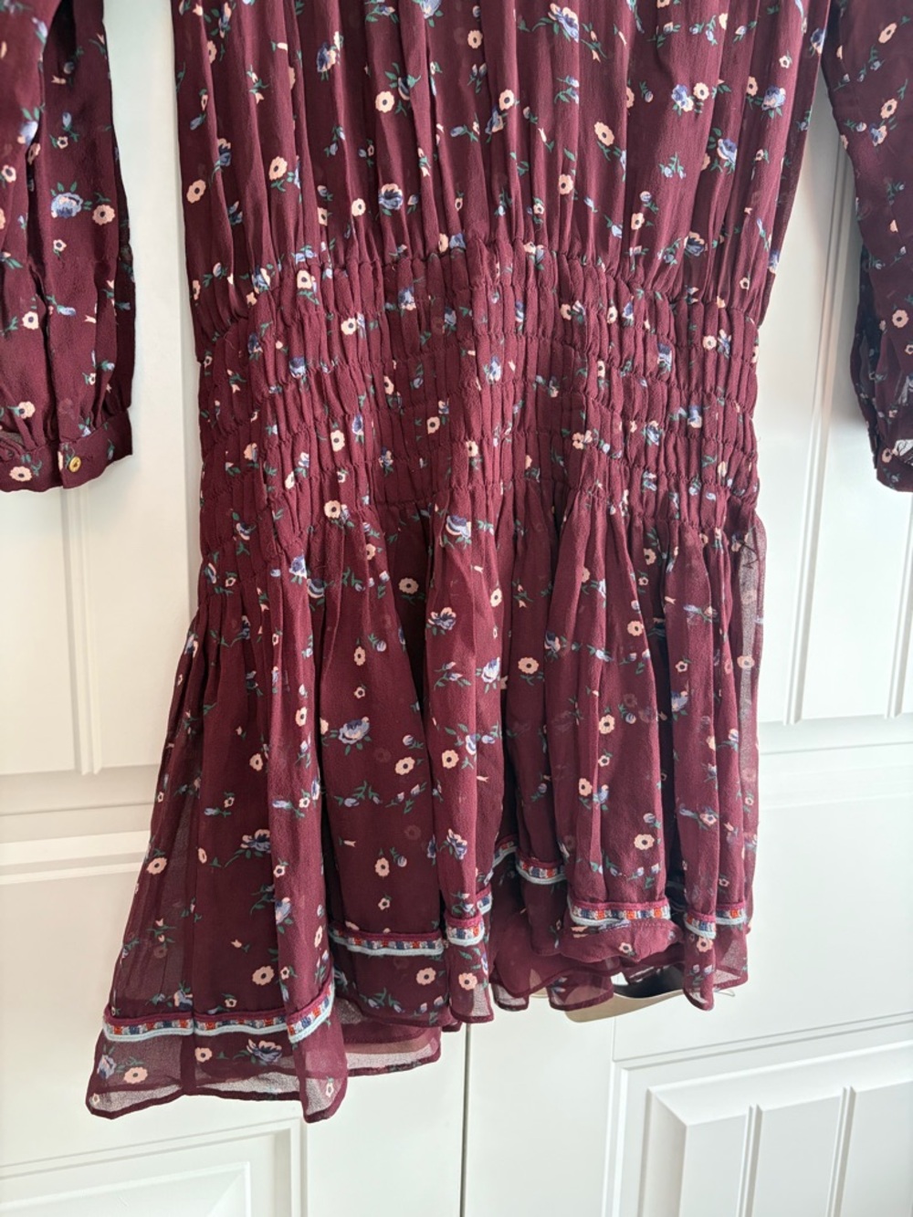 ULLA JOHNSON Gita Silk Embroidered Floral Drop Waist Boho Dress Bordeaux Size 6 - Picture 6 of 16